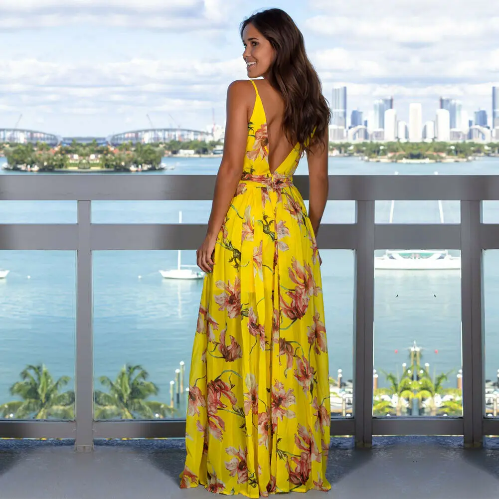 

Women's Sling Floral Long Dresses arrival Summer Boho V-Neck Sleeveless Party Beach Floarl Print Maxi Dress Casual Sundress