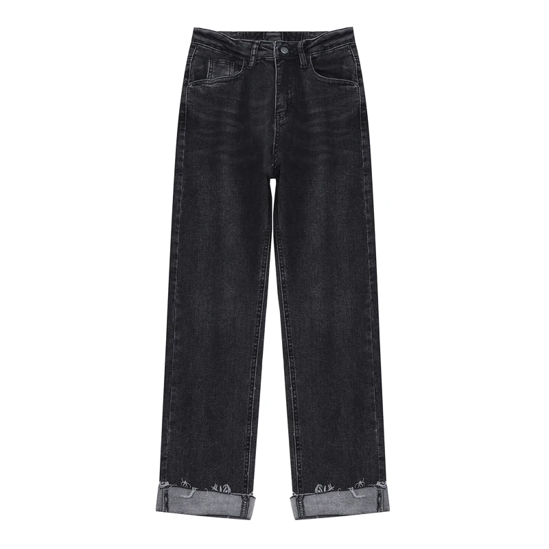 

Y2k Grunge Cuffed Straight Leg Jeans High Waisted Mom Denim Pants Streetwear Women Vintage Wide Leg Baggy Pant Black Trousers