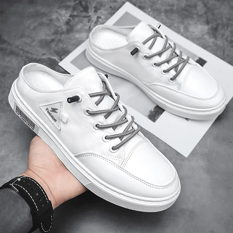 

2021 New Casual Half Drag Canvas Shoes Solid Color Sports Shoes Men's Shoes Heelless Lazy Shoes Flat Shoes Mens Fashion Sneakers