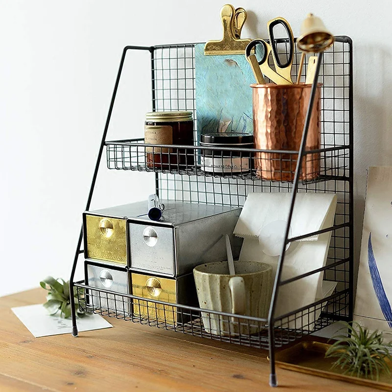 HTHL черный 2 Слои Колючая проволока корзина полки для хранения ванной косметики