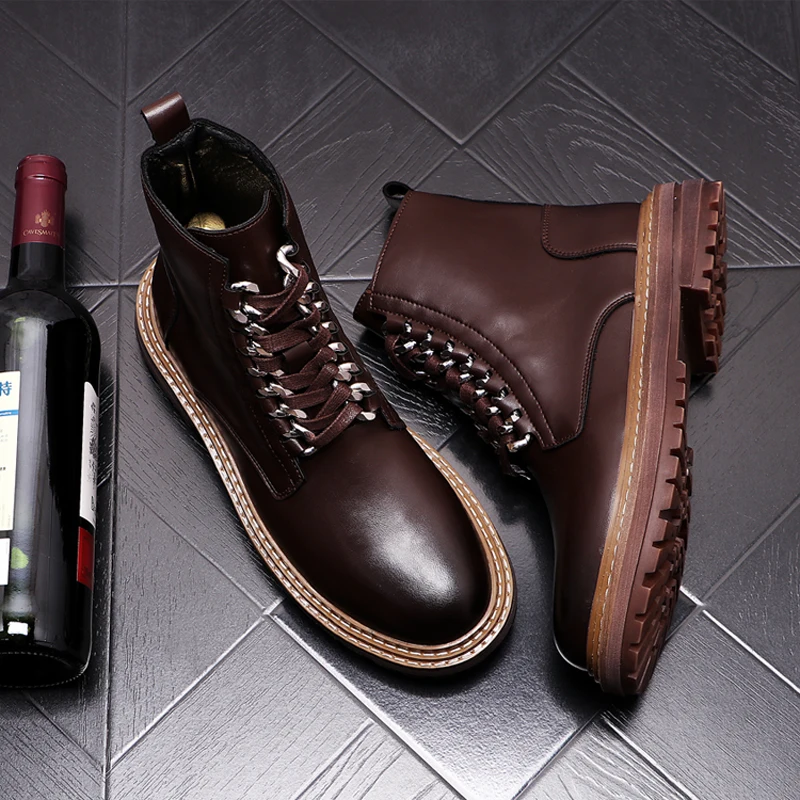 

men's luxury fashion punk nightclub platform boots natural leather shoes lace-up cowboy botines hombre black brown ankle botas