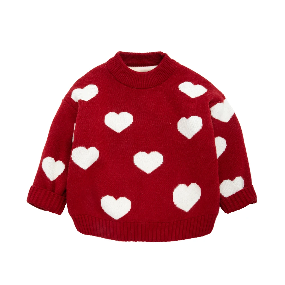 

WLG Girls Sweater Kids Clothes Winter Heart Pattern Beige Red Velvet Thick Sweaters Baby Girl Warm Clothes for 2-6 Years