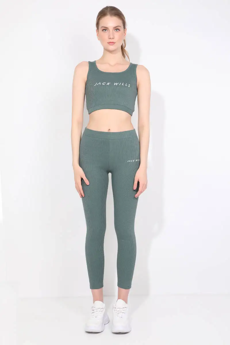 Womens Green Ribbed Sports Tights Set