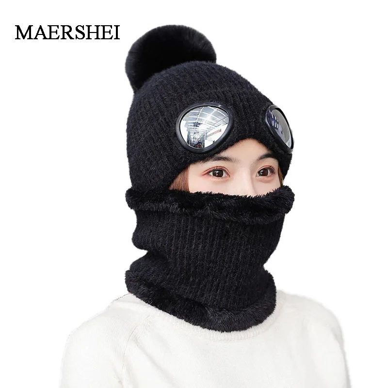 Шапочки Skullies Лыжная Шапка со Съемные очки для мужчин и женщин двойного назначения зимняя вязаная шапка мужская теплая шерстяная шапочки с шарфами набор