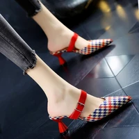 wearing middle heel lazy shoes womens plaid pointy stiletto slippers 2021 summer fashion new buckle comfortable high heels