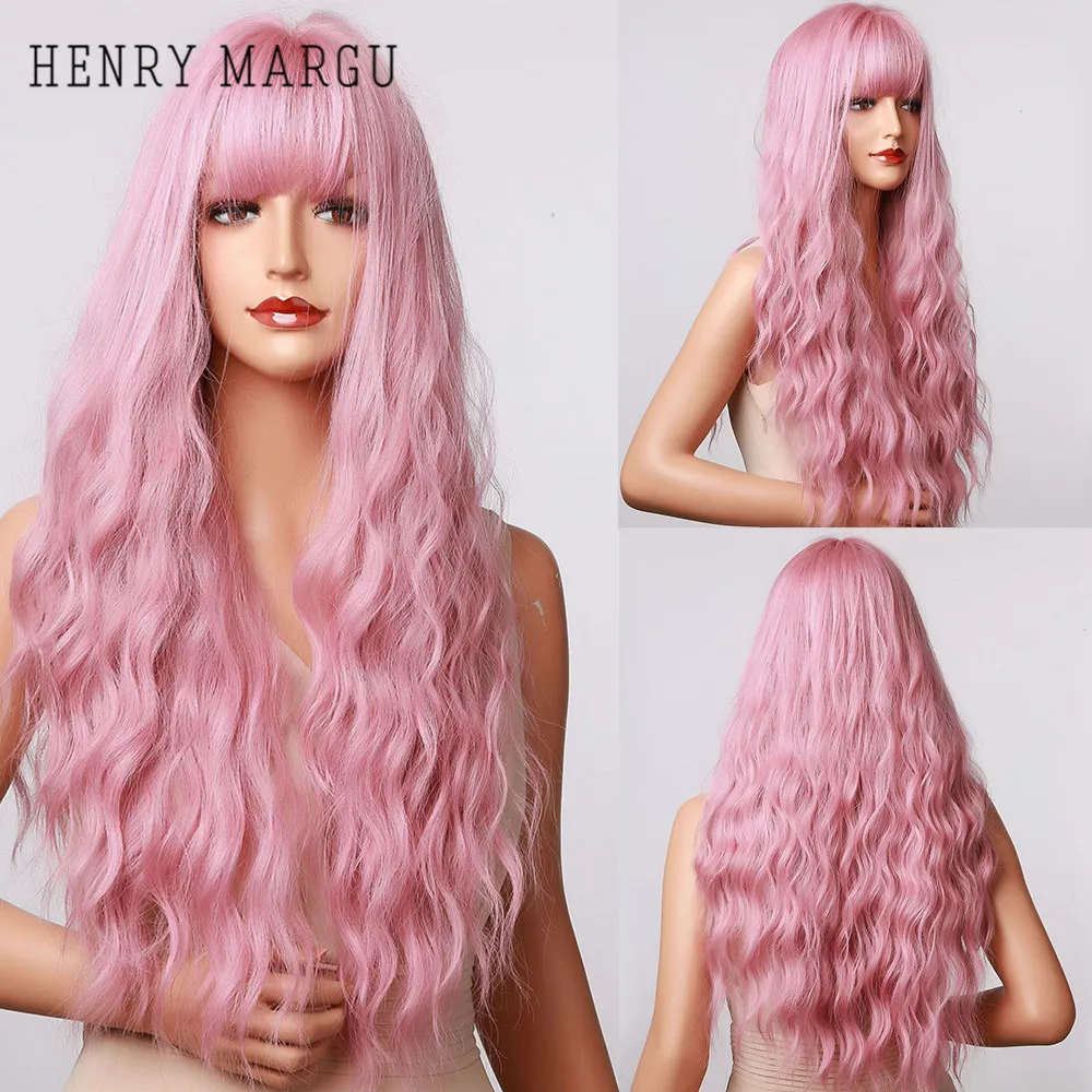 

HENRY MARGU Light Pink Ombre Synthetic Wigs With Bangs Long Wavy Natural Hair Wigs Party Cosplay Wig for Women Heat Resistant