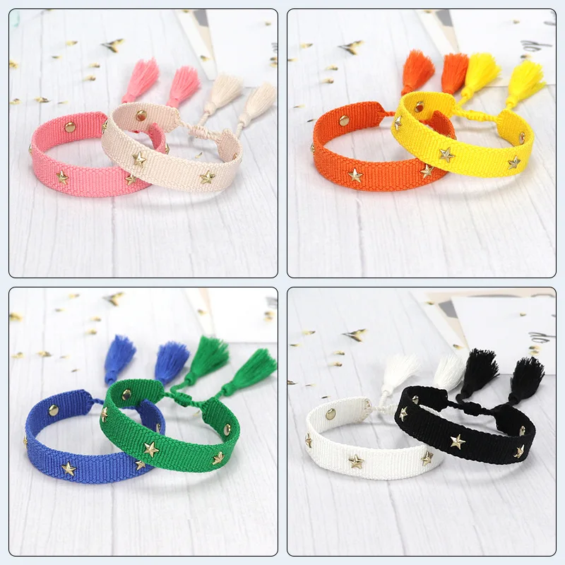 

Fashion Handmade Stars Friendship Woven Bracelet For Women Braided Bracelet Vintage Embroidery Tassel Stars Bracelet Stacked Who