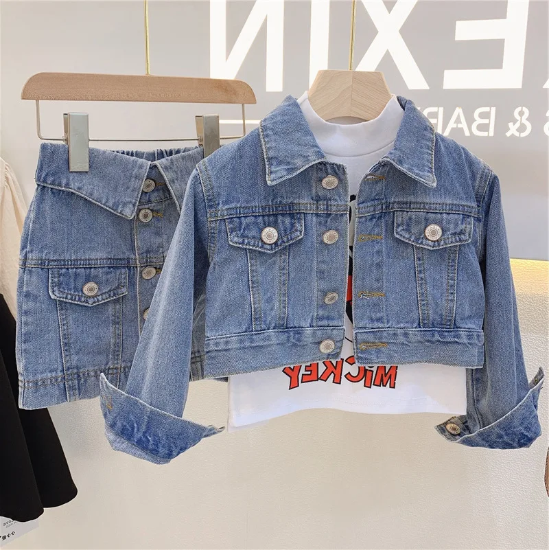 

Girls Denim Suits Cotton Jacket+skirt 2pcs Baby Clothes Suits Student Short Bolero for Children Princess Casual Letter Outerwear