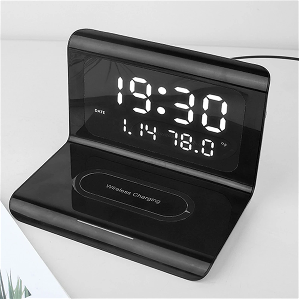 

Digital Alarm Clock with Wireless Charging 2 in 1 Charger for Apple For Samsung Desk Snooze Clock Time Date Temperature Display