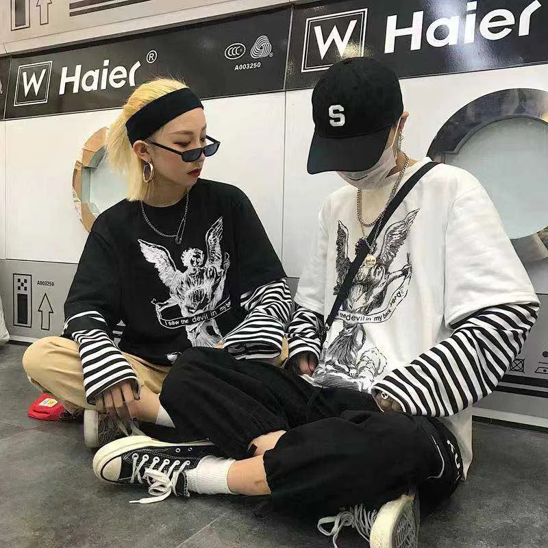 

2021 Spring Harajuku Tshirt Women Patchworked Print Gothic Long Sleeve T-Shirt Women Korean Clothes Sudadera Para Mujer