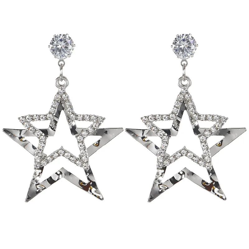 Новая мода Brincos Oorbellen Bijoux Кристальные стразы полые пятиконечные звезды висячие серьги дамские модные ювелирные изделия - Окраска металла: Silver