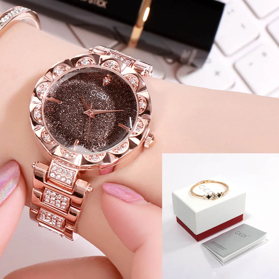 Rosegold black box GEDI брендовые роскошные женские часы из розового золота, женские модные часы с кристаллами, полностью стальные женские часы, relogio feminino horloge dames - Цвет: Rosegold black box