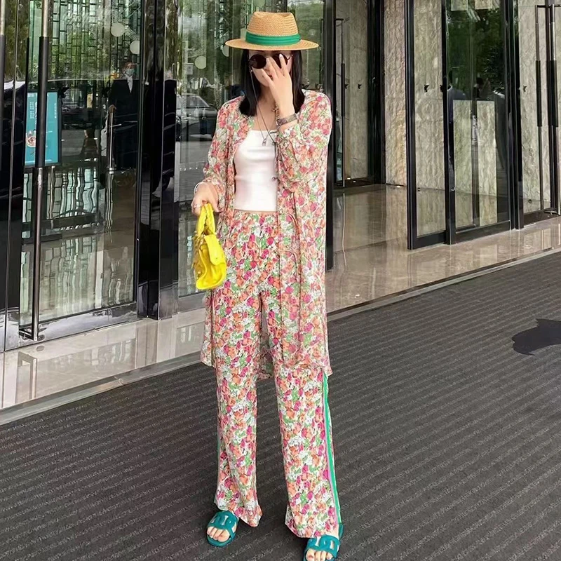 

VGH Chinese Style Two Piece Set For Women Stand Collar Long Sleeve Coats High Waist Wide Leg Pants Print Sets Female 2021 Spring