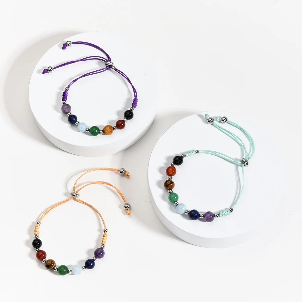 Женский браслет с натуральным камнем JOYA из 7 чакр регулируемым кожаным шнуром