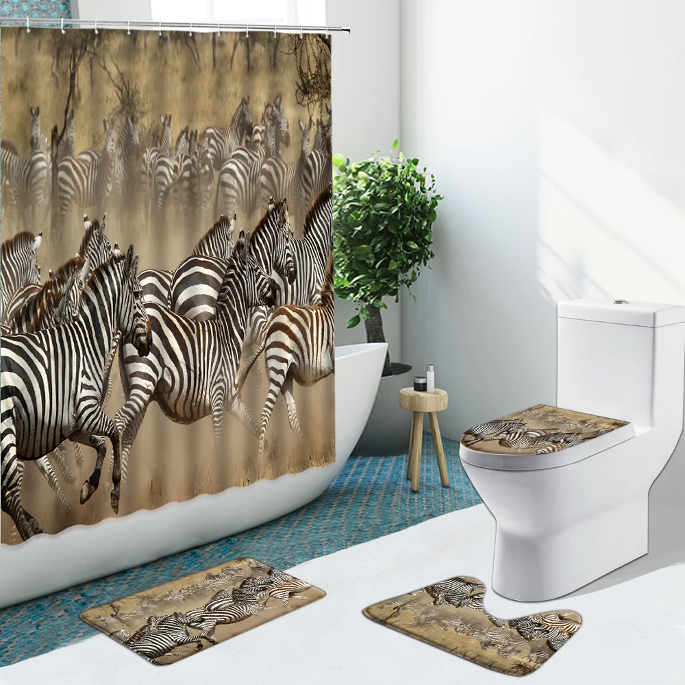 Черно-белая занавеска для ванной комнаты с изображением зебры и цветов