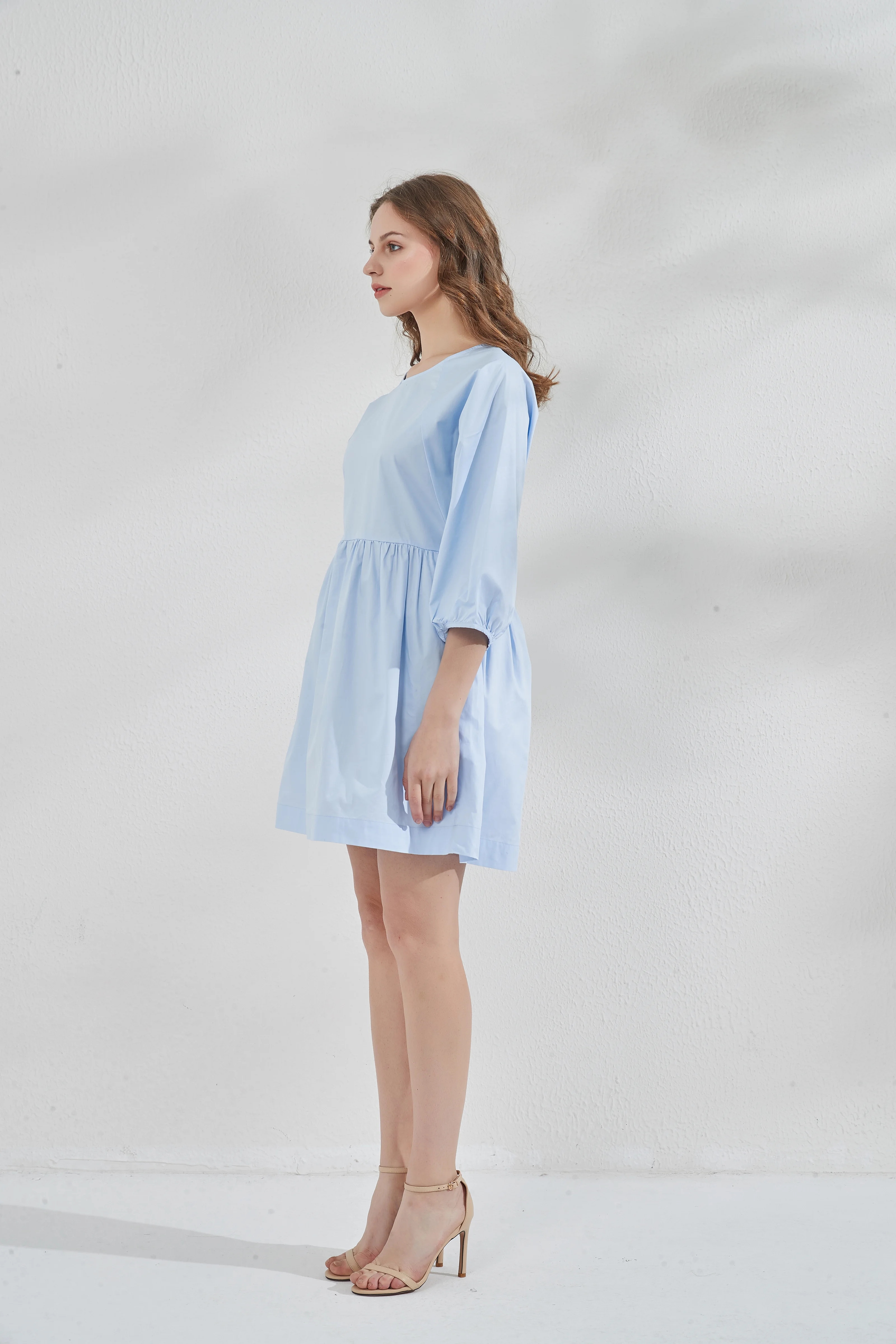 

Summer Women Dress Blue Cotton Round Neck Dress lovely 3/4 Sleeve Beach Dresses 2021 Sundress Women Fashion Elegant Poplin Dress