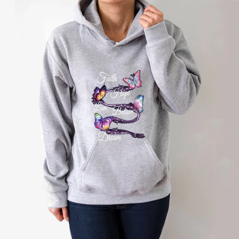 

Butterfly Ribbon Printed Hoodies Women Fleece Long Sleeve Loose Sweatshirt with Hat Girls Women Hoodie Pullovers Winter