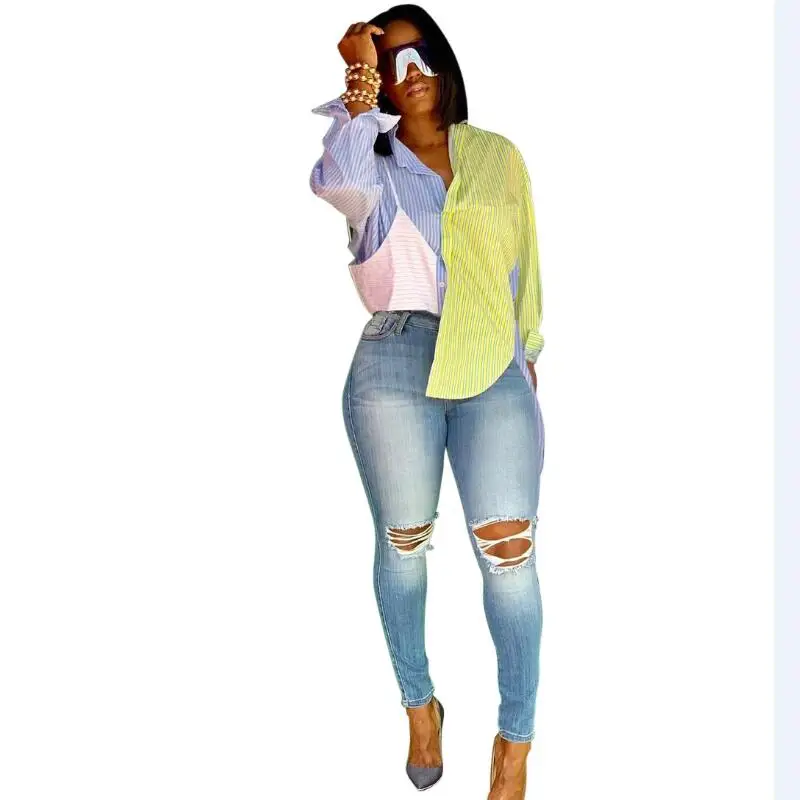 Женская короткая рубашка в полоску модная Уличная Повседневная составного кроя