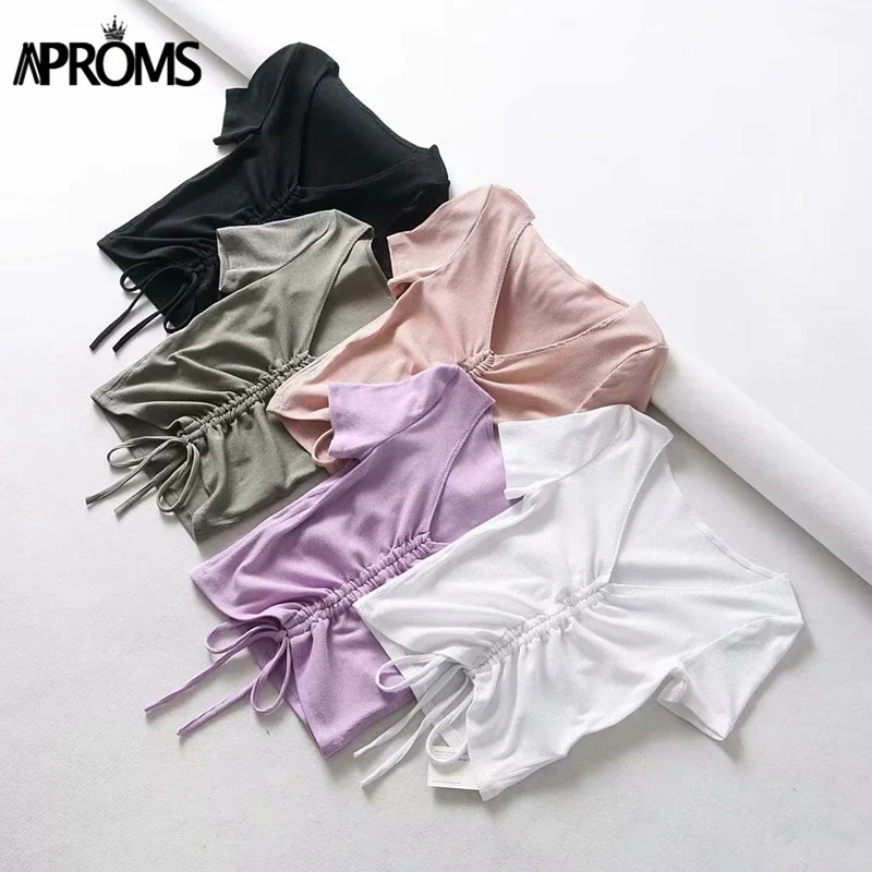 Женский укороченный топ на бретельках Aproms с v образным вырезом и завязками