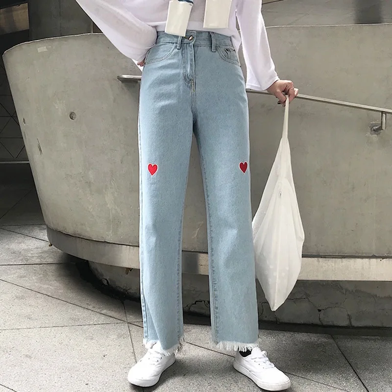 Cowboy Women's Spring New Style CHIC Korean-style High-waisted Love Embroidered Loose-Fit Loose Pants Versatile Slimming Straigh