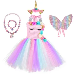 purim kids rainbow unicorn dress with flower angel wings party dress for girl princess costume ball gown baby girls pony costume free global shipping