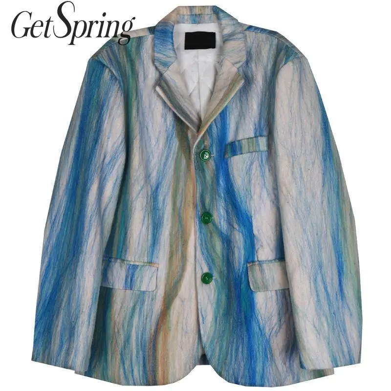 

GetSpring Women Blazer Texture Retro Boyfriend Ladies Woolen Blazer Coat Single Breasted Long Sleeve Women's Suit Jacket Spring