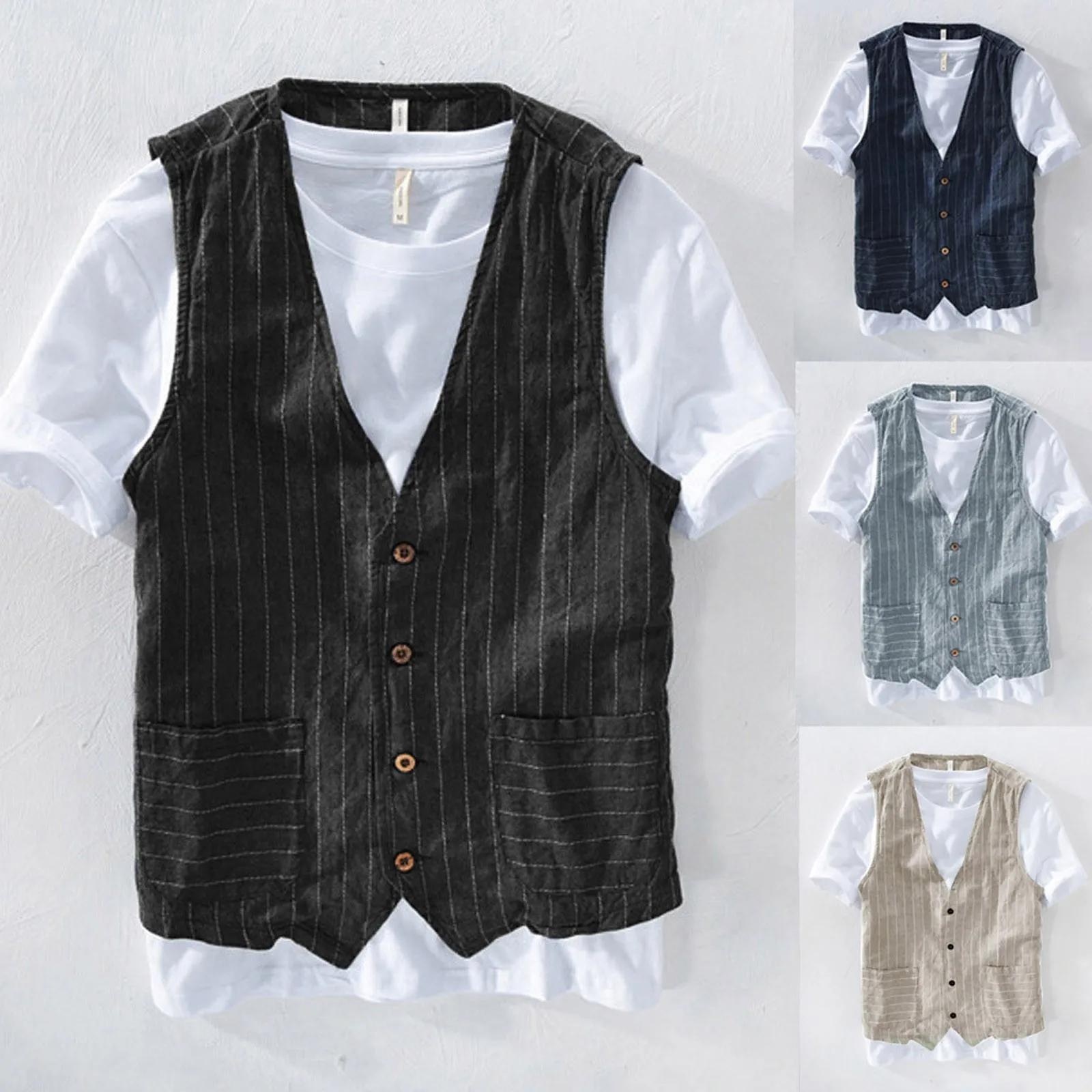 

Summer Men's Casual Fashion Cotton Striped Printed Sleevelss V-Neck Jacket Vests Leisure Top Outdoor Business Waistcoats Coat#g3