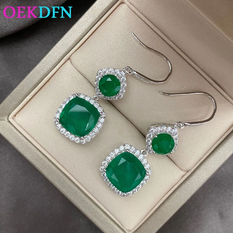 

OEKDFN 100% 925 Sterling Silver Drop Earrings For Women Vintage Emerald Gemstone Party Engagement Wedding Couple Fine Jewelry