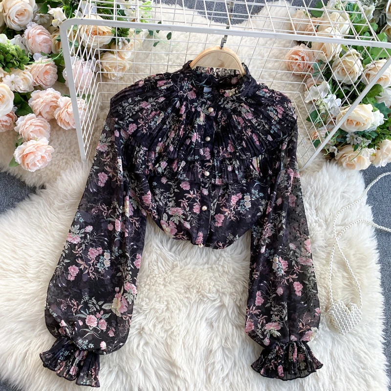 

Spring Autumn Women's Blouse New Chiffon Printed Long Sleeve blusa Retro Ruffled Wild Puff Sleeve female Tops HH003