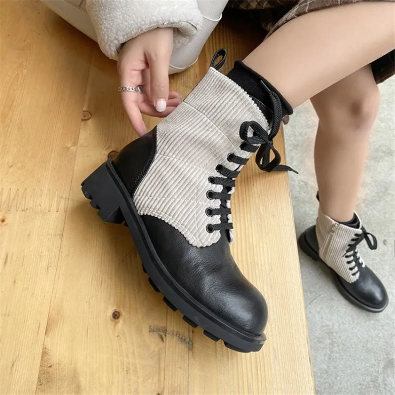 

Winter Boots Women 2020 Ankle Boots First Layer Cowhide Splicing Corduroy Cloth Women Boots with Zipper Lace Up Chunky Heel
