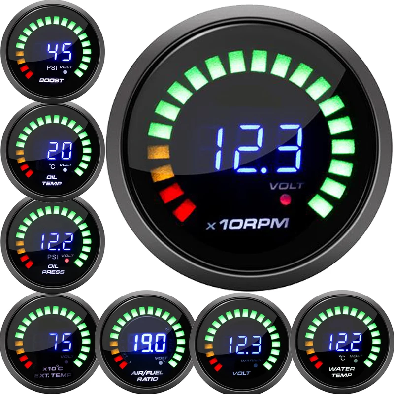 

2-дюймовый 52 мм Цифровой 20 светодиодный Тахометр Boost bar psi вакуумная температура воды Температура масла давление вольтметр соотношение возду...
