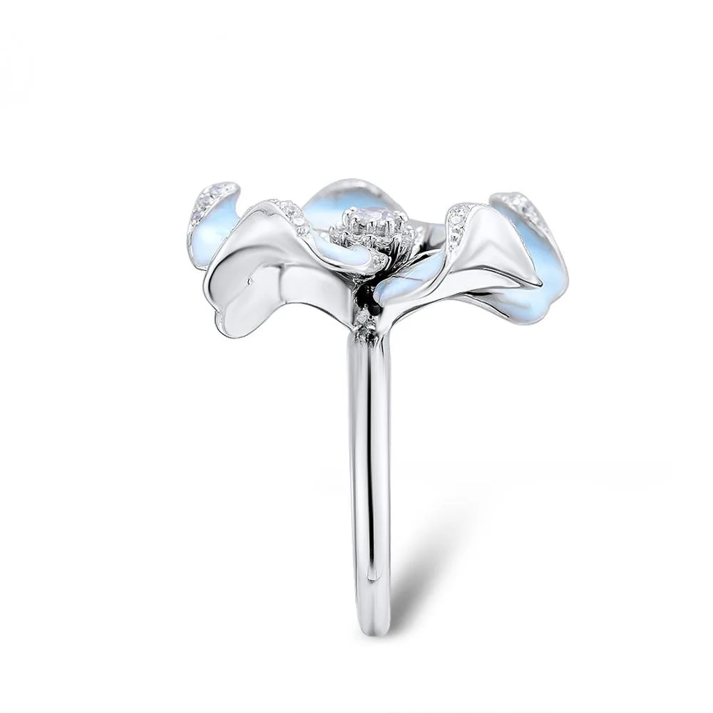 Cute Silver Color Blue Epoxy Flower Rings with Zircon Stone for Women Wedding Engagement Ring Fashion Jewelry 2020 | Украшения и