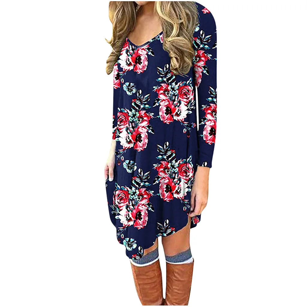 HSU 2019 Hot Sale Women's Fashion O-Neck Long Sleeve Casual Loose T-Shirt Dress for Ladies Vestides | Женская одежда