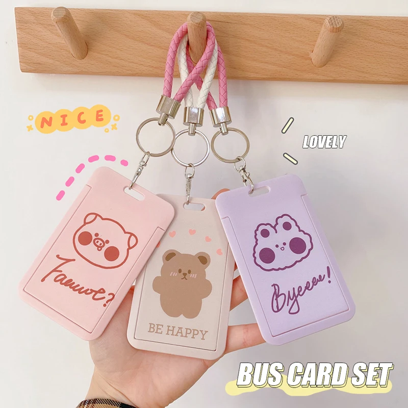 

Ins Cartoon Cute Bear Card Holder Clip Japan and South Korea Simple with Lanyard Plastic Card Holder Sleeve Kawaii Women