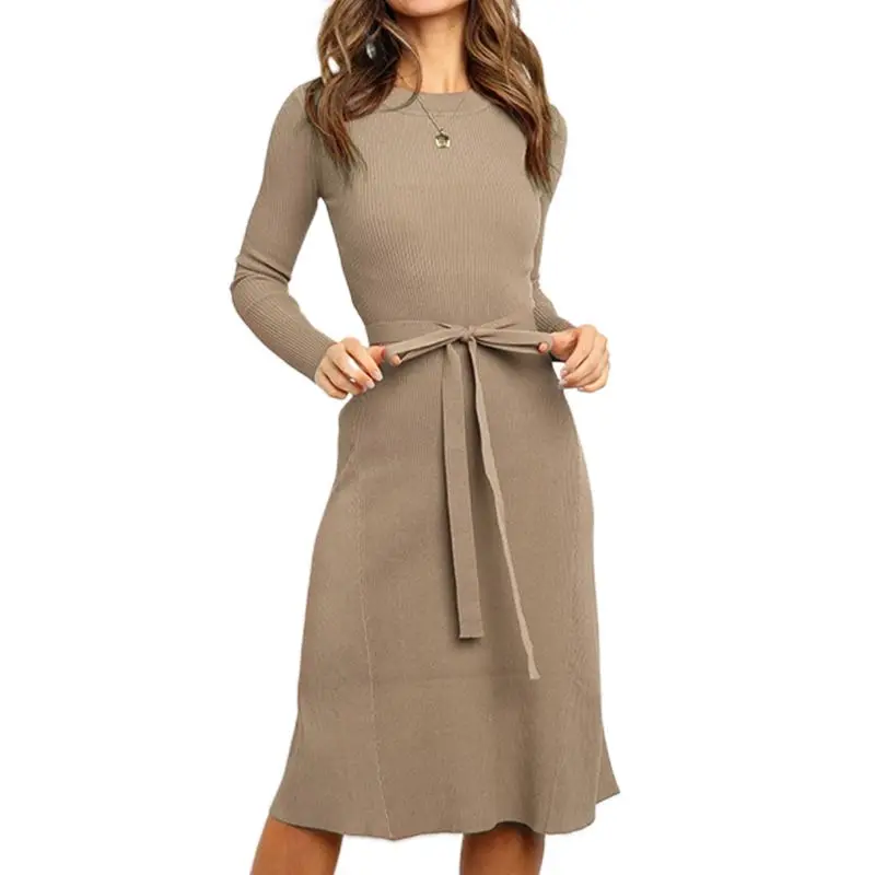 Женское осеннее платье зимнее тонкое трикотажное миди в рубчик с круглым вырезом