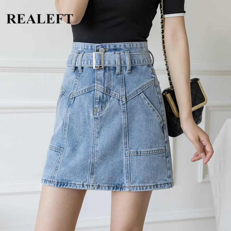 

REALEFT Spring 2021 New Female Denim Skirts Fashion High Waist Mini Skirts Front Patchwork With Belt Jeans Denim Summer Skirts