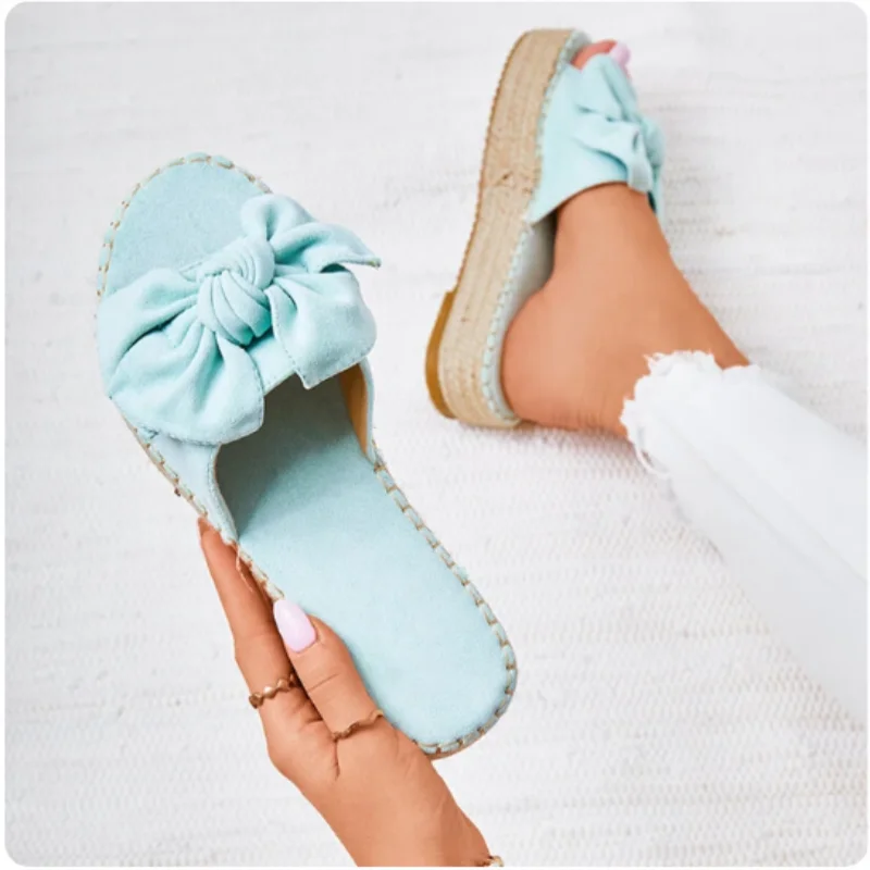 

2021 Women Bowknot Slippers Summer Casual Beach Muffin Slip on Platform Ladies Sandals Dress Party Peep Toe Female Sandals