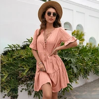 womens dresses summer sexy v neck half sleeve knee length dresses fashion casual loose solid color button ruffle beach dress
