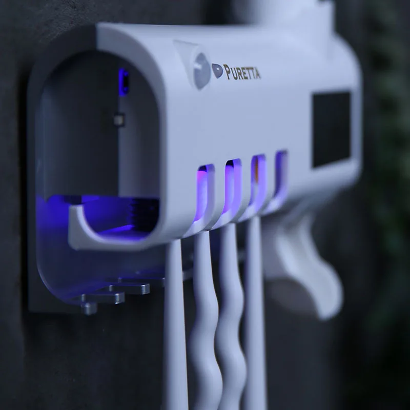 

3 In 1 UV Light Smart Sterilization Bathroom Storage Shelf Automatic Toothpaste Squeezer Dispenser Bath Stuff Organiezer Access