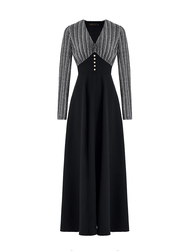 

New Autumn / Winter 2020 Women's Dress Waist Closing Stitching Retro Temperament Long Skirt Black V-Neck Large Size Sexy Noble