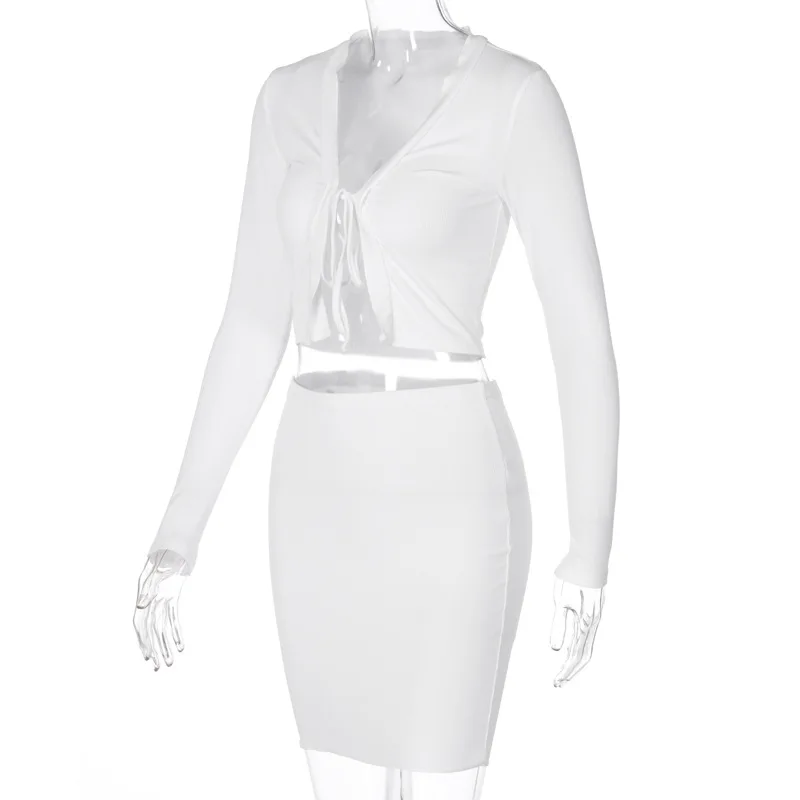 Solid Long Sleeve Two-piece set 2021 Slim Deep V-neck Drawstring Fit Crop Top and High Waist Skirt Mini Dress Casual Outfit |