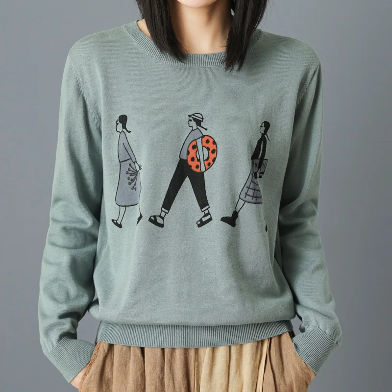 

adohon 2021 woman 100% Coton sweaters knitted Pullovers jumper Warm Female O-neck blouse blue long sleeve clothing