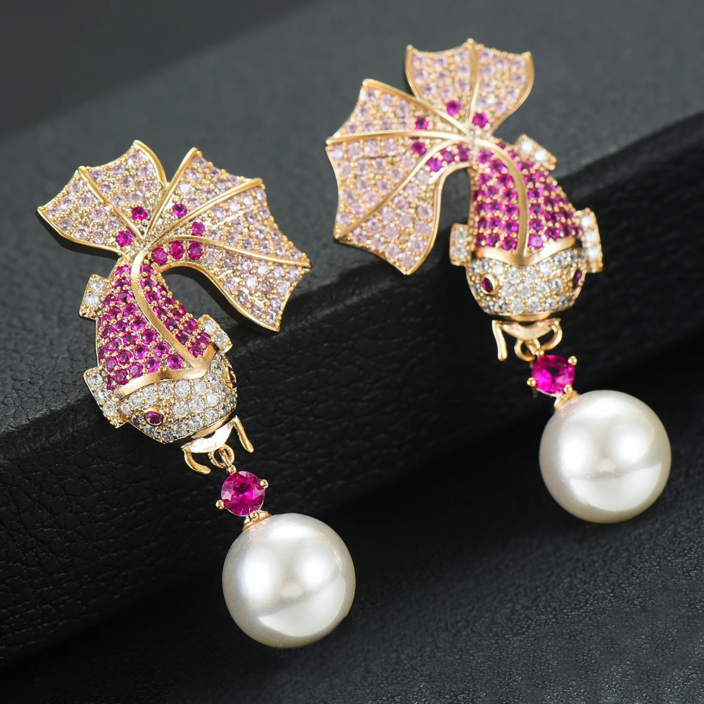 Siscathy New Charm Women Golden Fish Shape Pearl Earrings Fashion Jewelry Trendy Cubic Zirconia Drop Wedding For | Украшения и