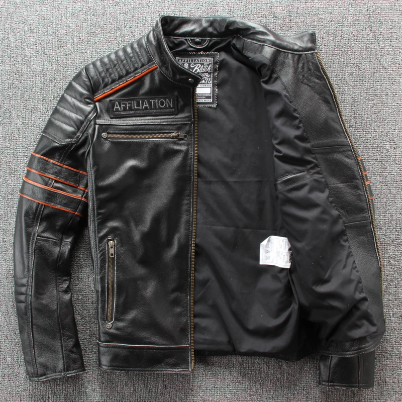 

2020 New Men Vintage Skulls Embroidery Motorcycle Leather Jacket 100% Real Fashion 3D Prind Skull Cowhide Biker Jackets