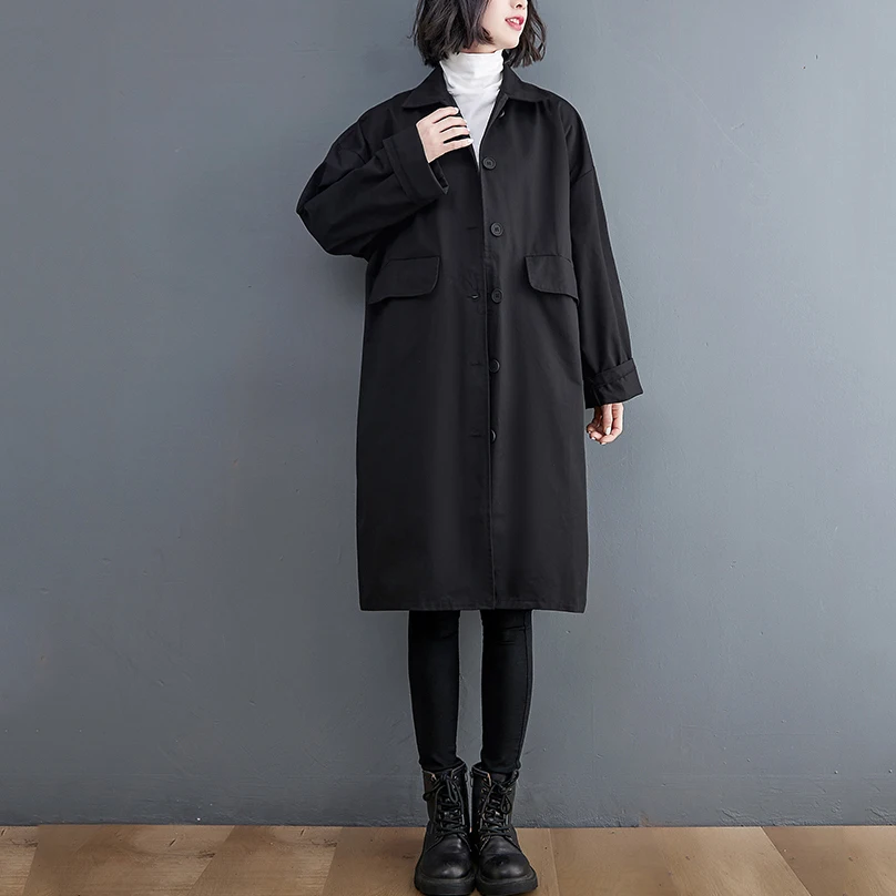 

2022 New Spring Autumn Over Size Vintage Solid Black Coat For Women Casual Loose Long Coats Fashion Style Outerwear Femme Tops