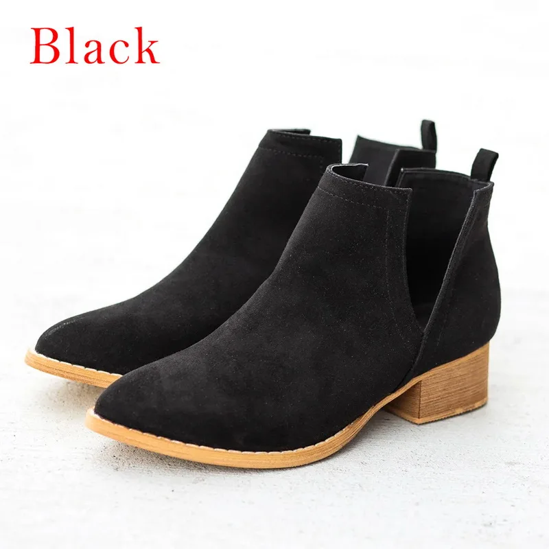 Slip On Women Ankle Boots Pointed Toe PU Leather Low Heels Shoes Woman Booties Sexy High Heels Size 35-43