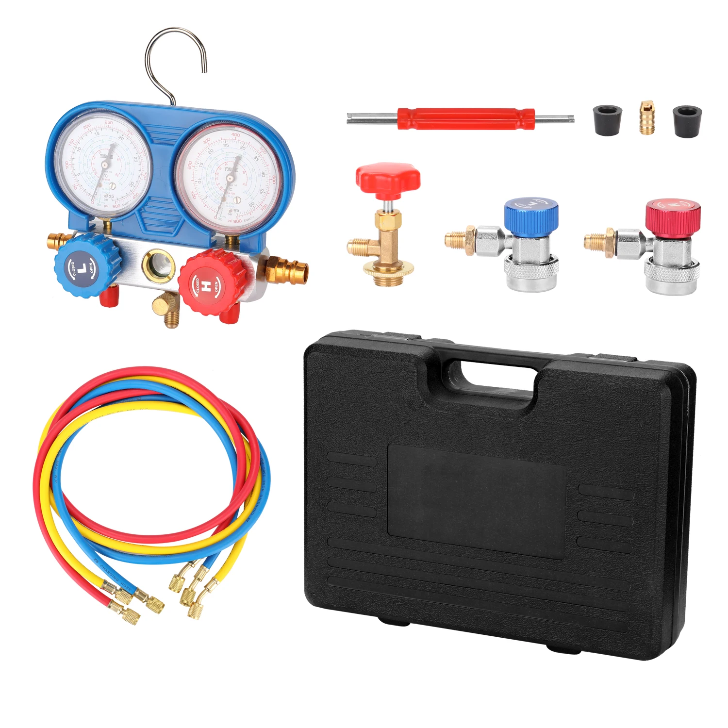 

Manifold Dual Gauges Set Refrigerant Gauge Kit Refrigeration Equipment Pressure Measuring Tool Kit with 3 Recharge Hoses