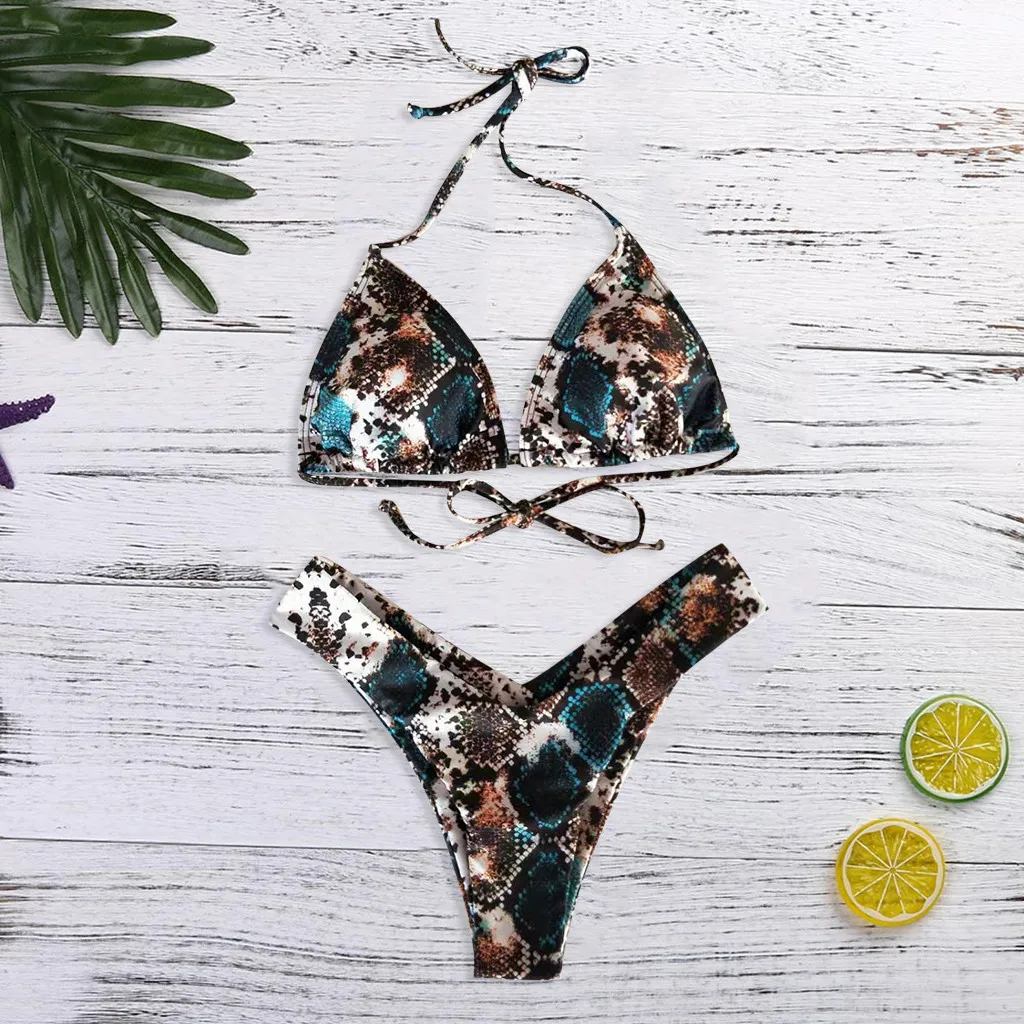 Chamsgend Women Swimwear Beach Snake Print Split Swimsuit Padded Push up Beachwear Low Waist Bikini Set | Женская одежда