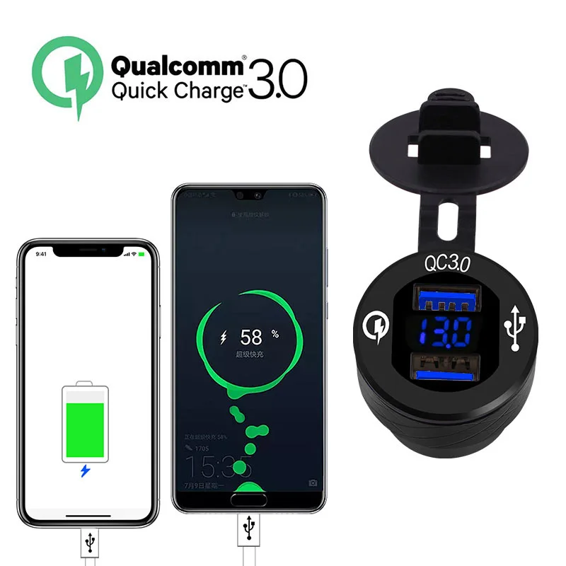 

Car Quick Charger QC3.0 Dual USB Cigarette Lighter LED Display Voltage 12-24V USB Adapter European Standards Socket