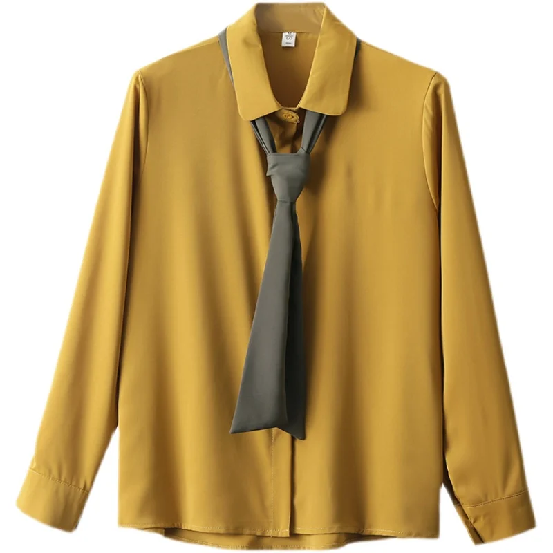 

COIGARSAM Vintage Full Sleeve Shirt Womens tops Chiffon Bow Women shirts Ginger White 6079